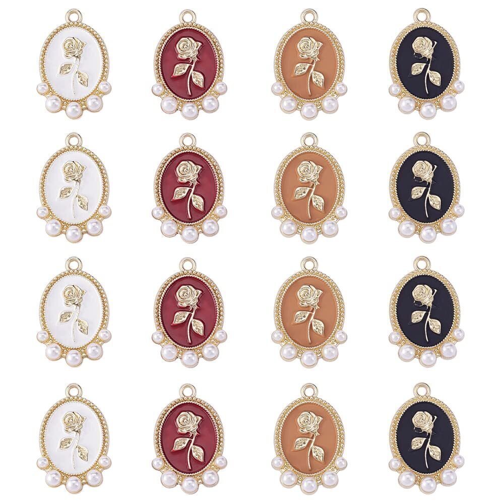 2866 20Pcs 4 Colors Oval Rose Flower Alloy Charm Enamel Pendants